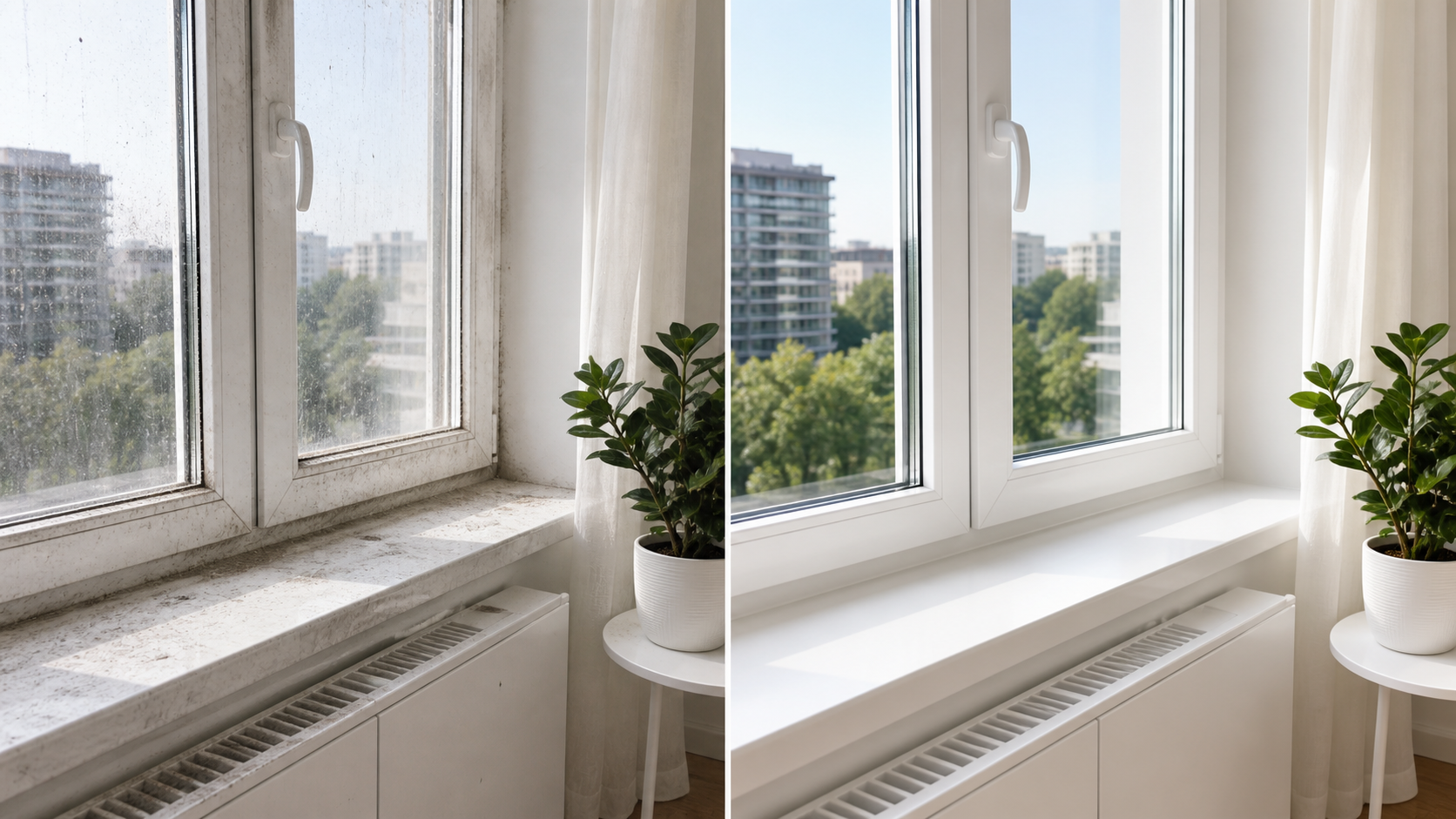 Fereastră și mobilier alb după curățare